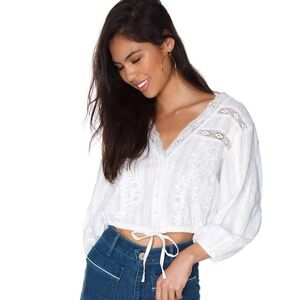 Free People | Lace & Linen Cropped long sleeve shirt